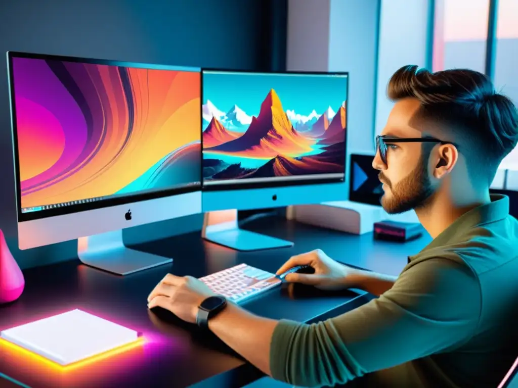 Diseñador de videojuegos usando herramientas open source para crear arte conceptual vibrante en pantalla de 8k