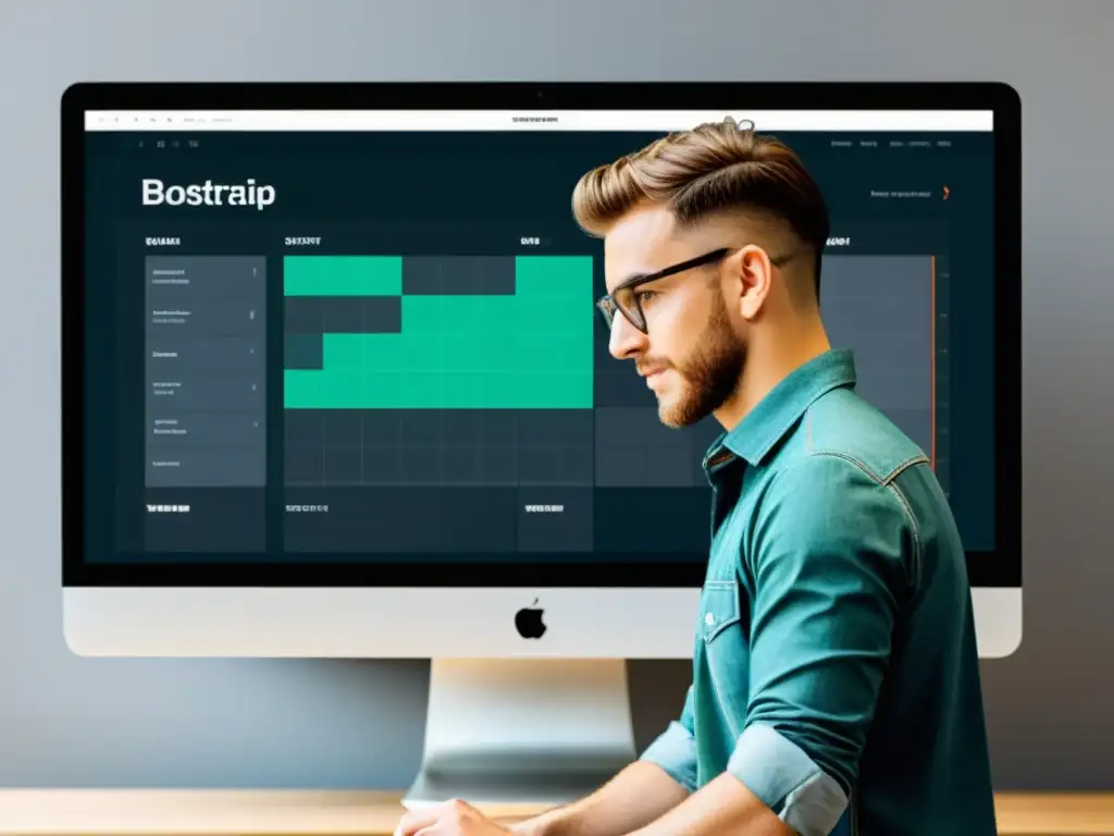 Un diseñador web crea un diseño responsive con Bootstrap, mostrando eficiencia y modernidad