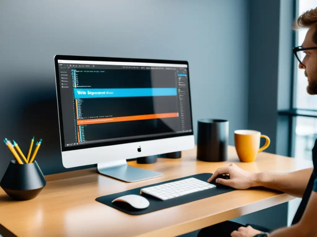 Diseñador web profesional con Brackets: creatividad en acción Un diseñador web usando el editor de texto Brackets para diseñadores web en un espacio minimalista y moderno con una interfaz vibrante y profesional, herramientas de diseño y una taza de café