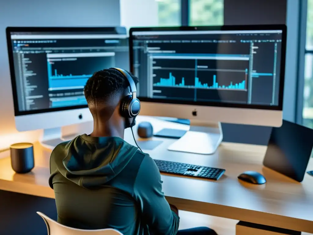 Diseñador web innovador creando con Brackets Un diseñador web trabaja en un elegante escritorio con el editor de texto Brackets para diseñadores web, rodeado de herramientas modernas