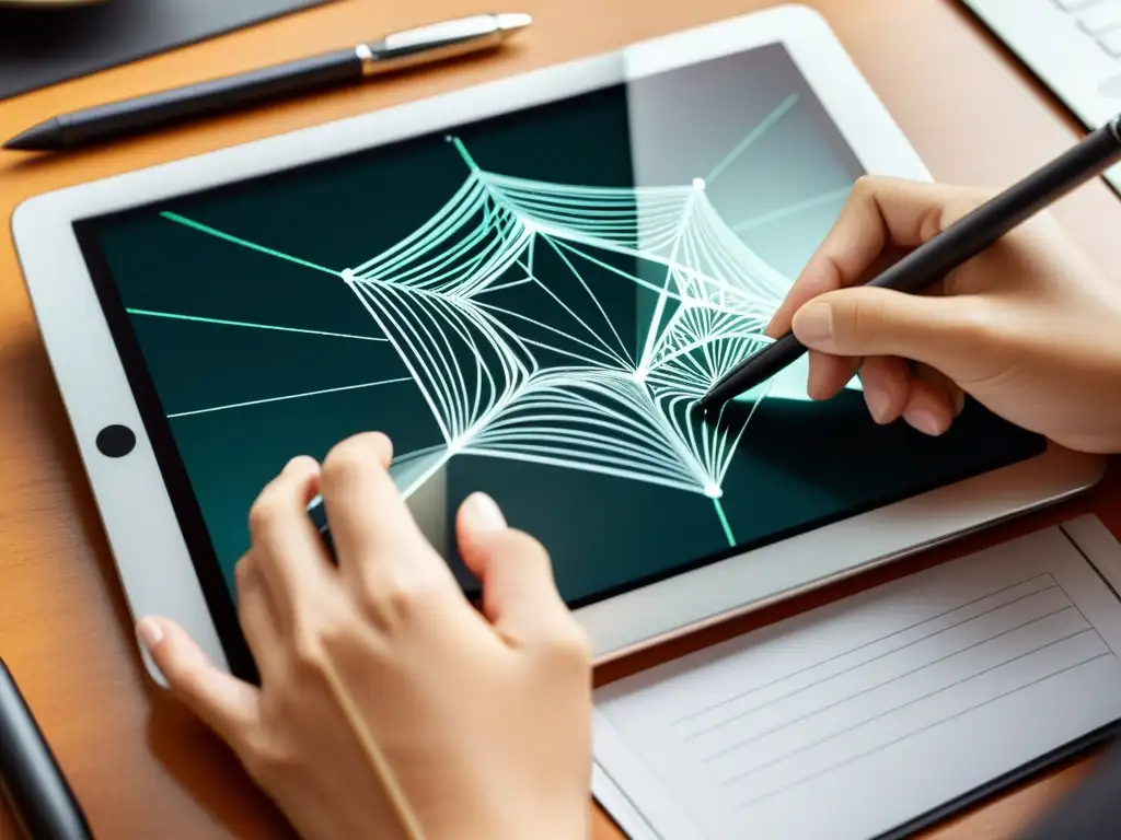 Un diseñador web utiliza un lápiz digital sobre una tableta para crear líneas y formas