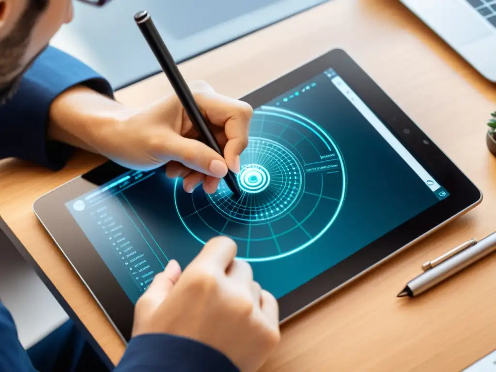 Un diseñador web utiliza un lápiz Stylus para crear diseños web modernos en una tableta digital, en un espacio minimalista y futurista