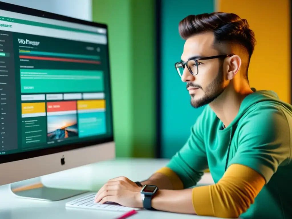 Un diseñador web personaliza un tema WordPress único, rodeado de pantallas con código y mockups, creando una atmósfera profesional y dinámica