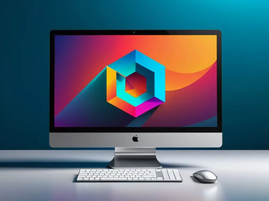 Diseño editorial con software libre: Computadora de escritorio futurista con pantalla de alta resolución mostrando software de diseño gráfico vibrante y formas geométricas dinámicas