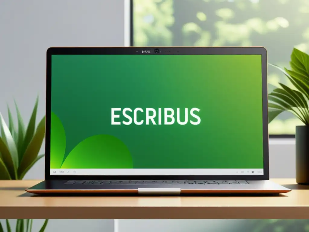 Diseño gráfico con herramientas de código abierto: Laptop moderno con diseño editorial vibrante en Scribus, iluminado por suave brillo ambiental, rodeado de herramientas de diseño y vegetación exuberante