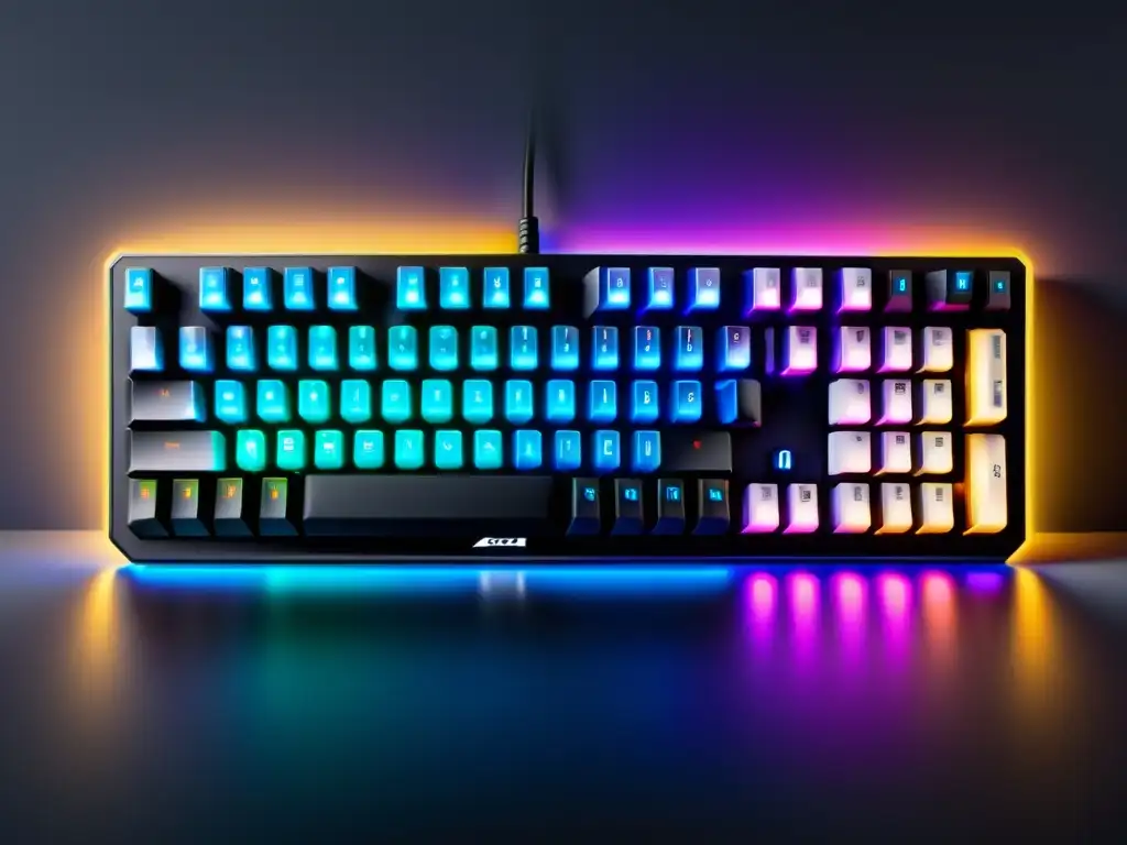 Diseños teclados mecánicos código abierto: Imagen detallada de un teclado moderno con iluminación RGB y diseños de teclas personalizables