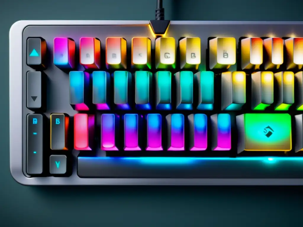 Diseños teclados mecánicos código abierto: Detalle fascinante de teclado mecánico personalizado con iluminación RGB y diseño minimalista en aluminio