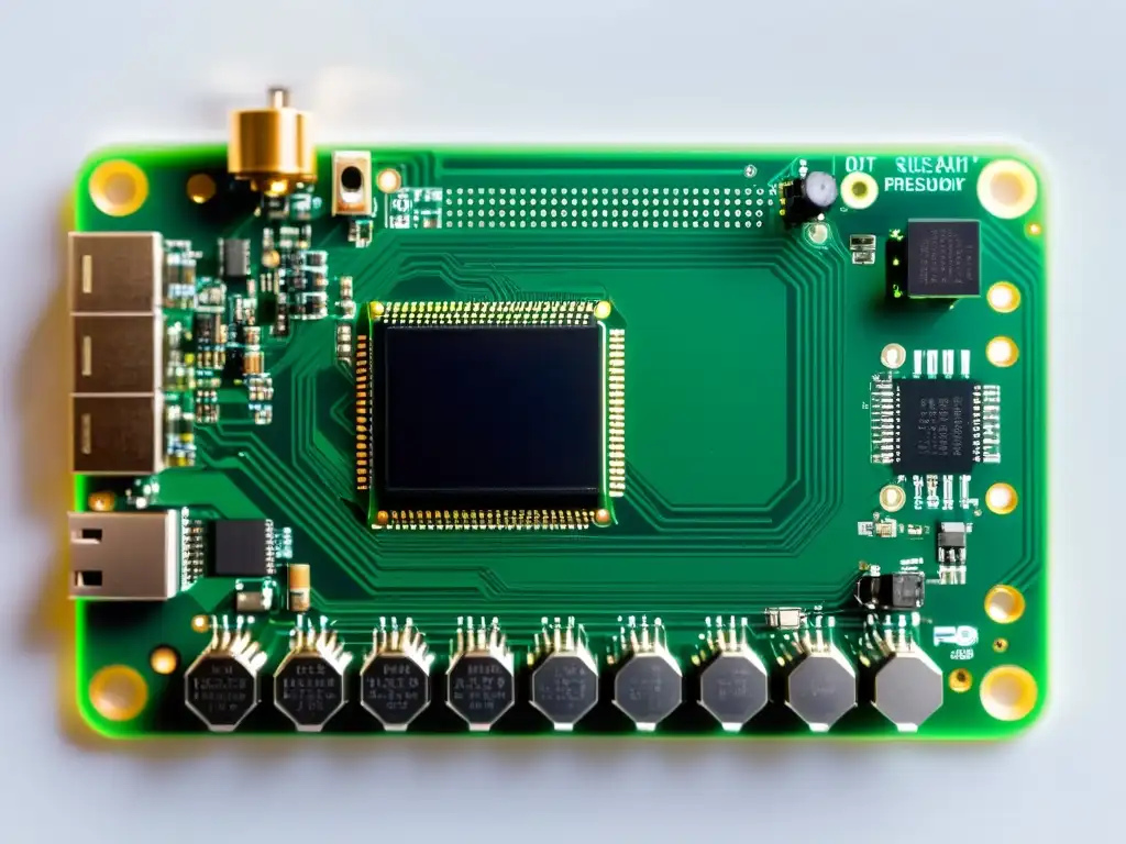 Dispositivo IoT código abierto conectado a la laptop, rodeado de sensores y componentes, en un entorno profesional tecnológico y moderno