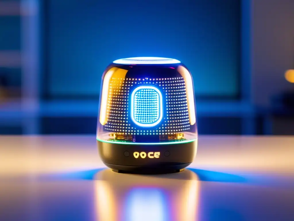 Dispositivo de asistente de voz DIY futurista con código abierto, sobre escritorio minimalista con iluminación LED vibrante