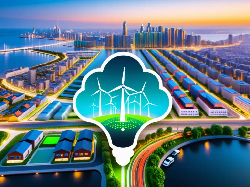 Dispositivo IoT energéticamente eficiente integrado en la ciudad del futuro, con íconos de ahorro de energía