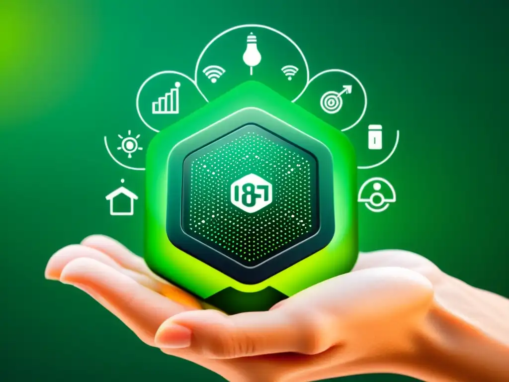 Dispositivo IoT energía eficiente rodeado de iconos verdes, en un entorno futurista y conectado