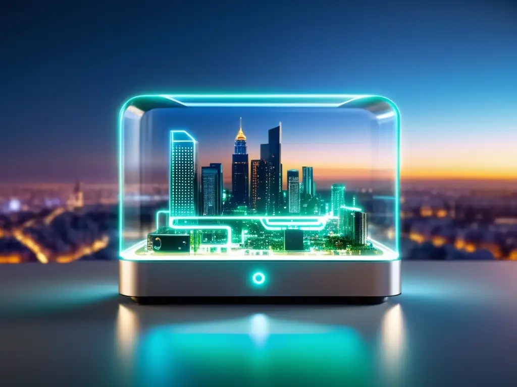 Dispositivo IoT de software libre con carcasa transparente y tecnología avanzada, iluminado por LEDs en una ciudad futurista