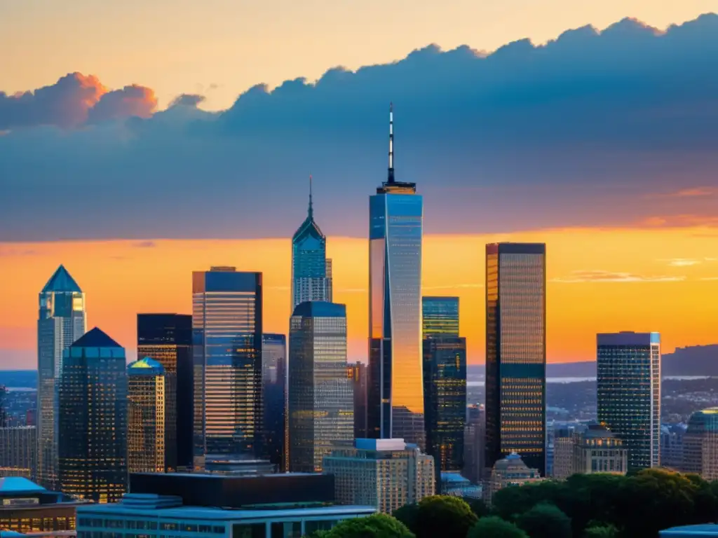 Un distrito financiero moderno y dinámico con rascacielos reflejando la luz dorada del atardecer, evocando seguridad financiera con software abierto