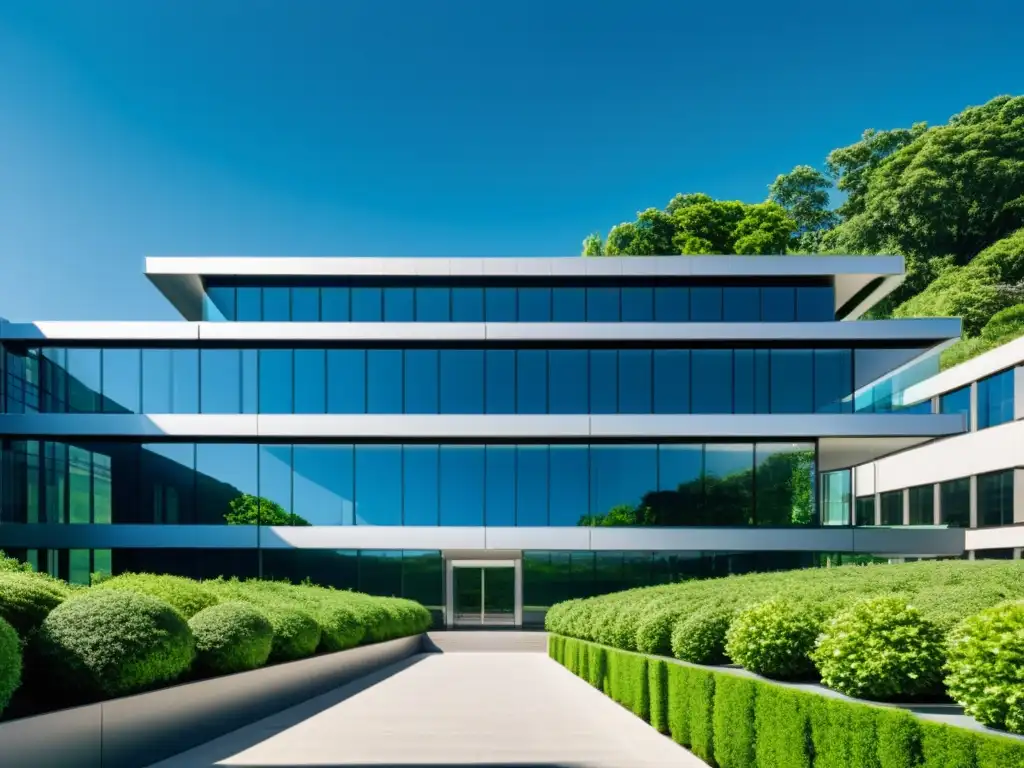 Edificio gubernamental moderno con tecnologías abiertas integradas, rodeado de vegetación exuberante y cielo despejado