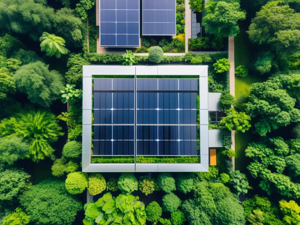 Edificio sostenible en medio de la naturaleza con paneles solares, reflejando armonía entre tecnología y naturaleza