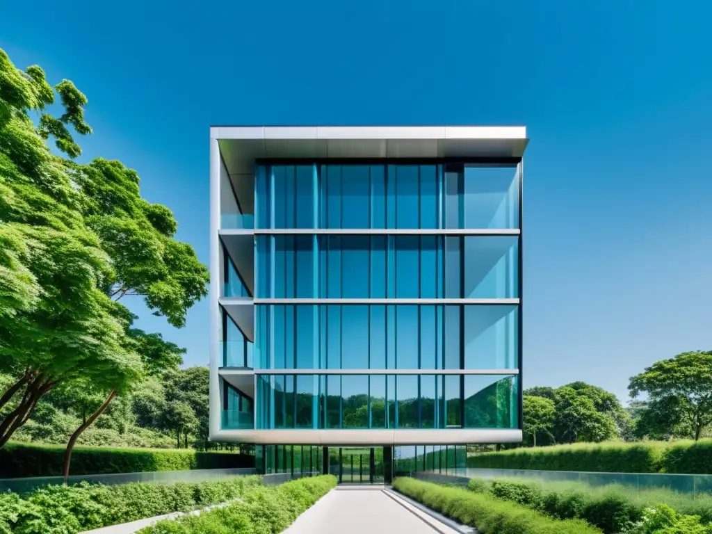 Edificio de vidrio moderno y seguro rodeado de naturaleza, reflejando la inyección de dependencias seguras en proyectos de código abierto