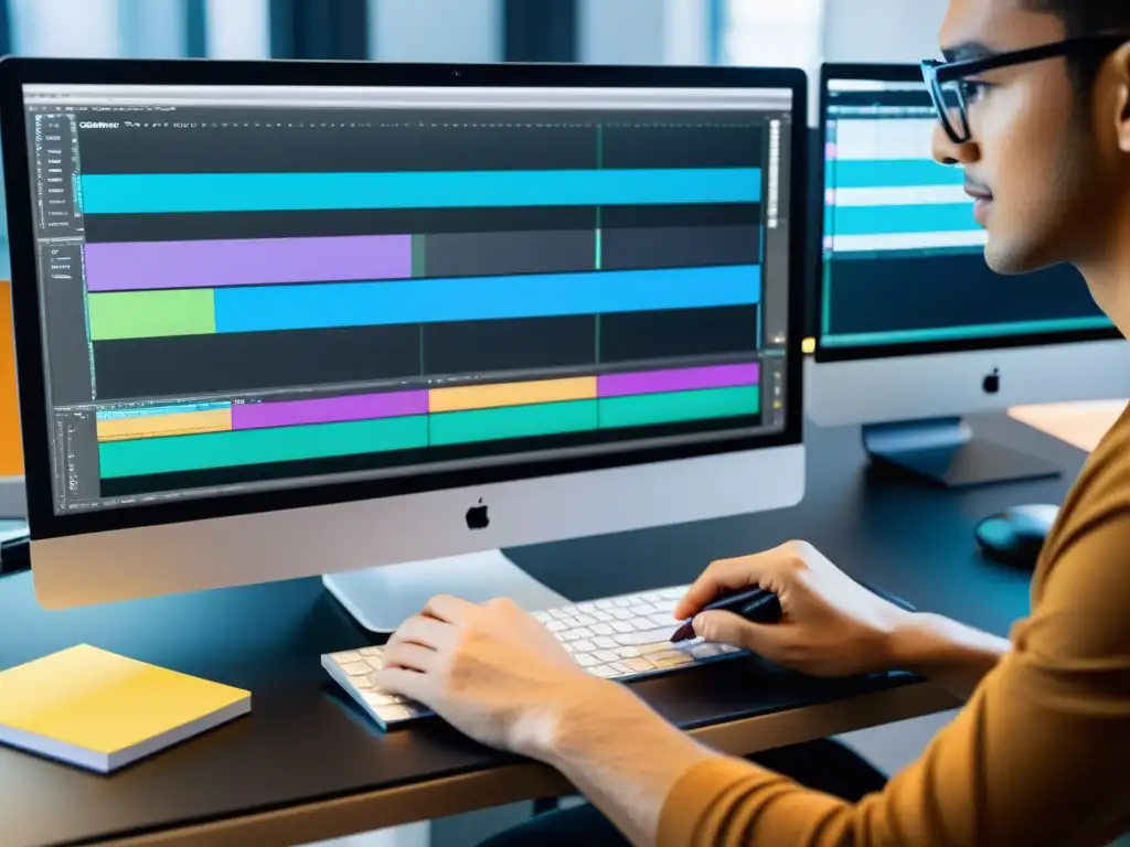Un editor de video profesional trabaja en una computadora con un software de código abierto para diseño, rodeado de herramientas creativas
