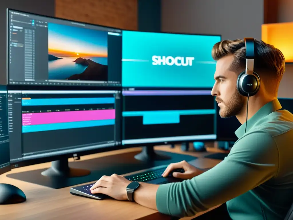 Un editor de video profesional trabaja en Shotcut, rodeado de equipo de alta gama y en un espacio creativo y vibrante