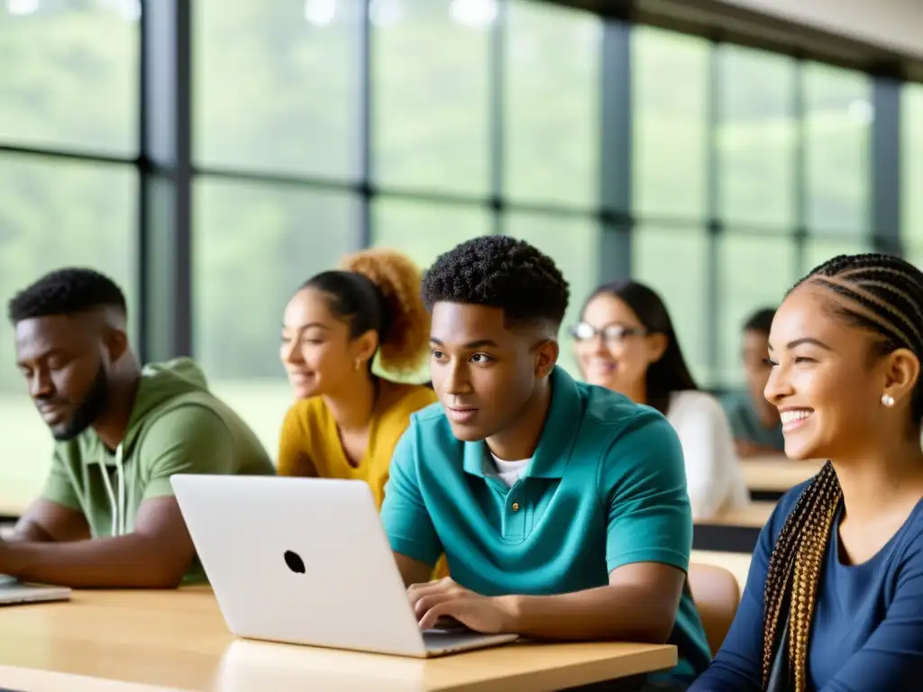 'Innovación educativa con Canvas LMS: Estudiantes colaborando en actividades dinámicas en un aula moderna y luminosa, usando laptops y tablets