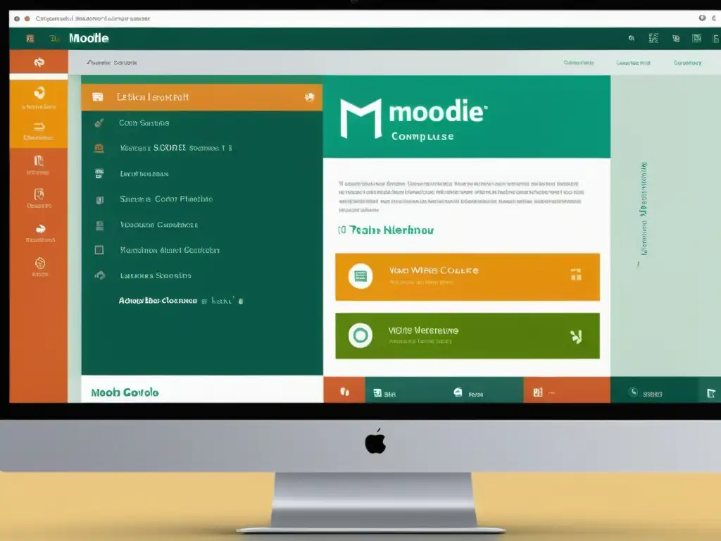 Transformación educativa con software libre Moodle: Pantalla de curso complejo con gráficos vibrantes y texto legible