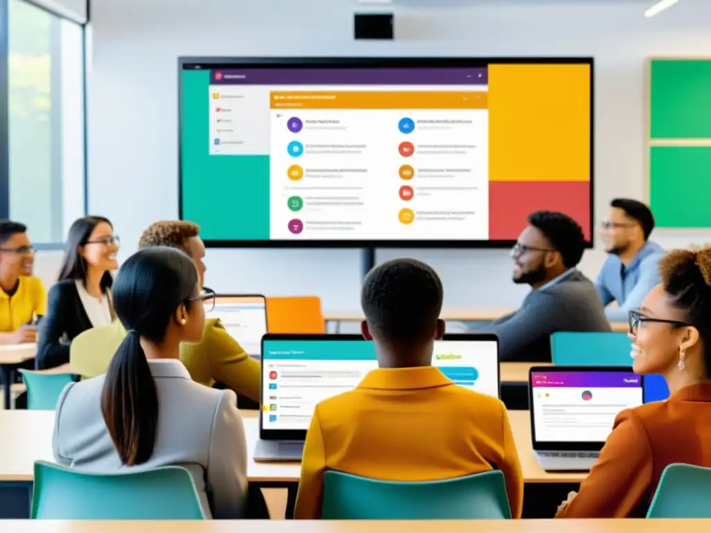 Transformación educativa con software libre Moodle: aula virtual con estudiantes diversos interactuando en una sesión colaborativa en línea
