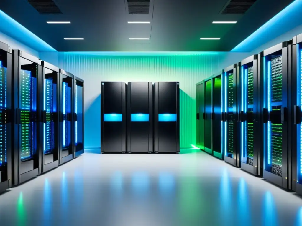 Configuración servidores correo electrónico BSD: Sala de servidores moderna con elegantes equipos negros, luces LED azules y verdes creando un ambiente profesional y futurista