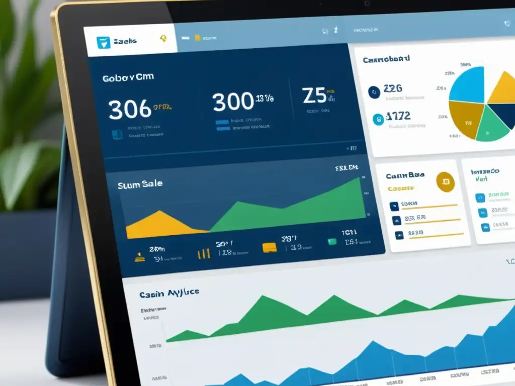 Captura la elegancia y eficiencia del Sistema de CRM para ecommerce en un moderno panel con gráficos vibrantes y datos de ventas