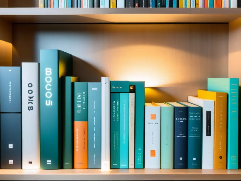 Una elegante colección de libros sobre software libre en un estante minimalista con iluminación LED suave, en una atmósfera sofisticada y aspiracional