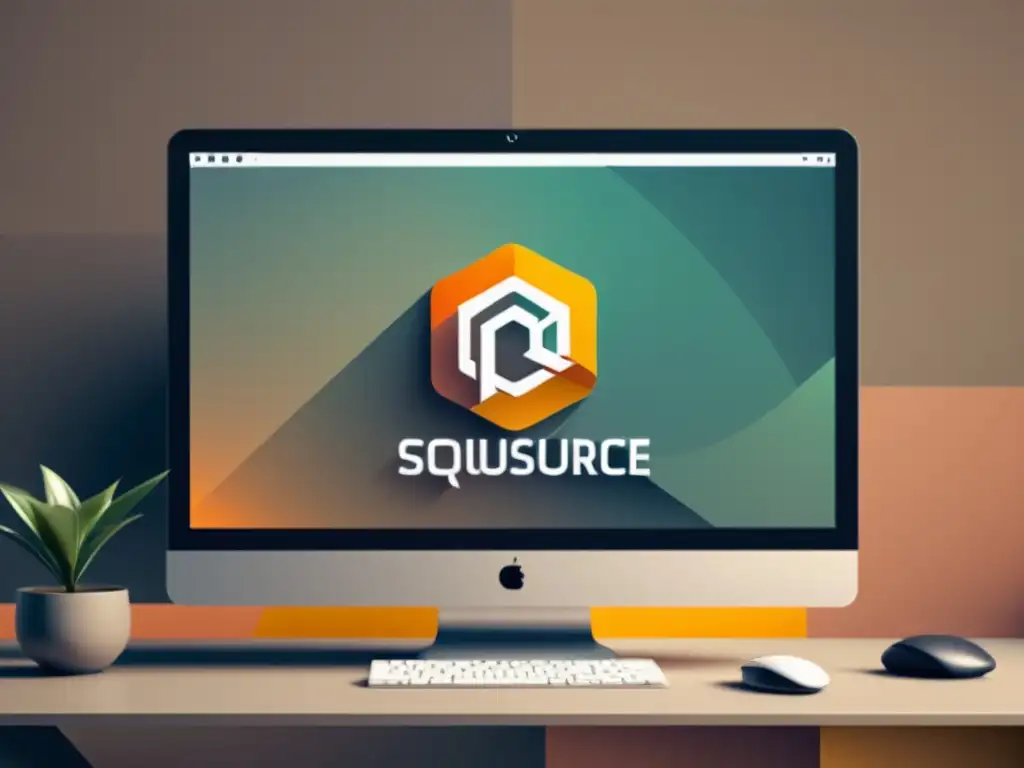 Un elegante diseño minimalista con logotipos de software libre rodeados de formas abstractas en tonos terrosos