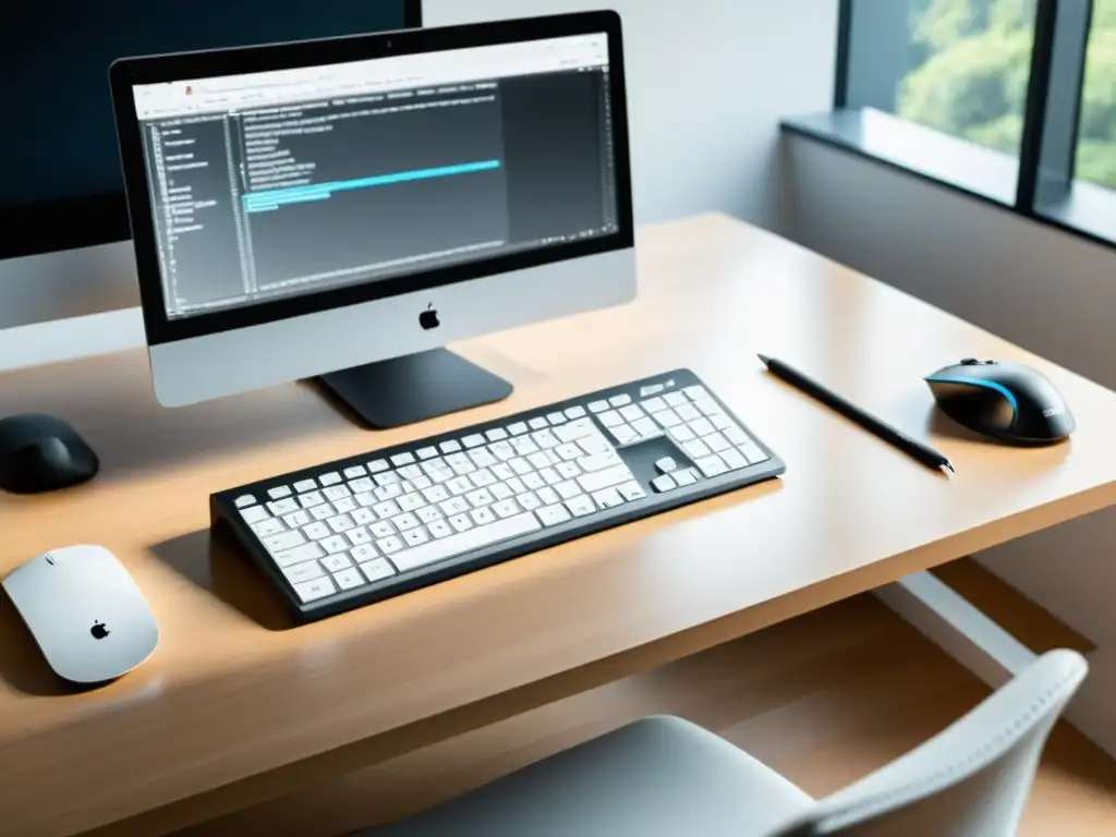 Escritorio profesional con editor de texto de código abierto Un elegante escritorio minimalista con un moderno editor de texto de código abierto en un monitor de alta resolución, iluminado por luz natural