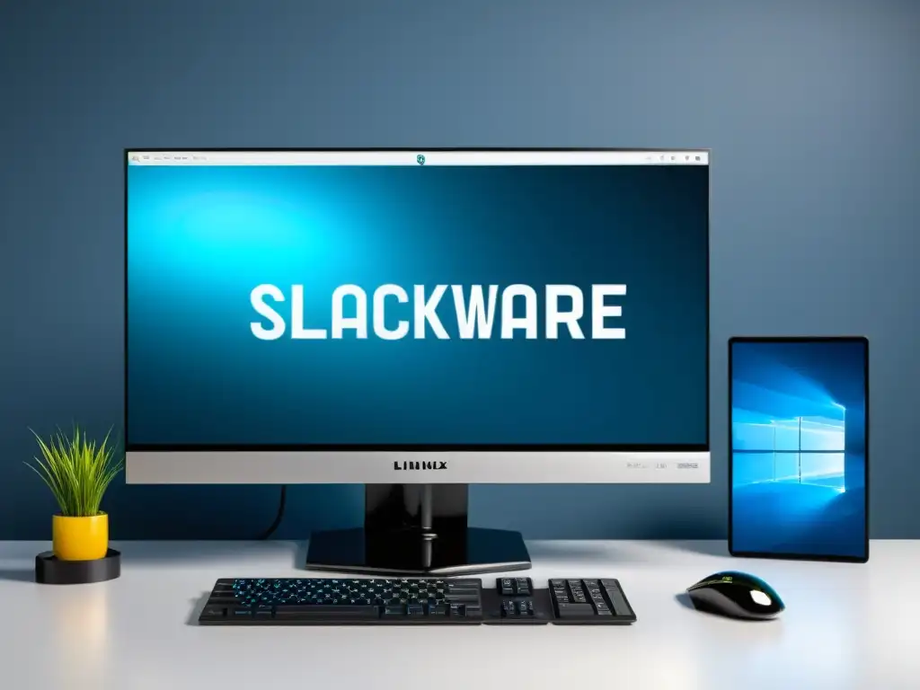 Un elegante escritorio moderno con un monitor de alta resolución muestra el entorno de escritorio de Slackware Linux