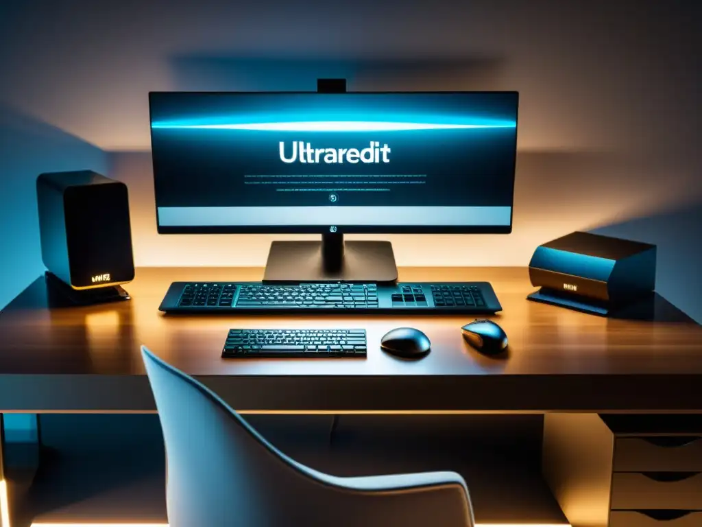 Un elegante escritorio con una potente interfaz de UltraEdit en un monitor ultrapanorámico, rodeado de decoración minimalista y luz suave