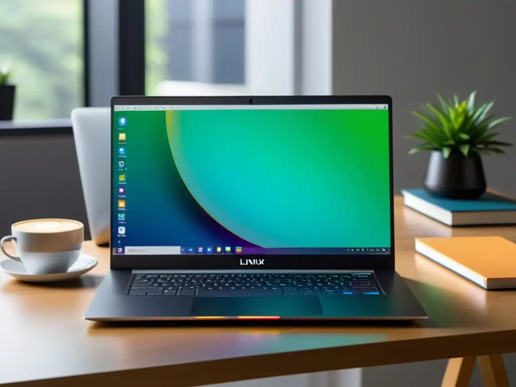 Una elegante laptop con pantalla vibrante y ambiente profesional, perfecta para la migración de Windows a Linux