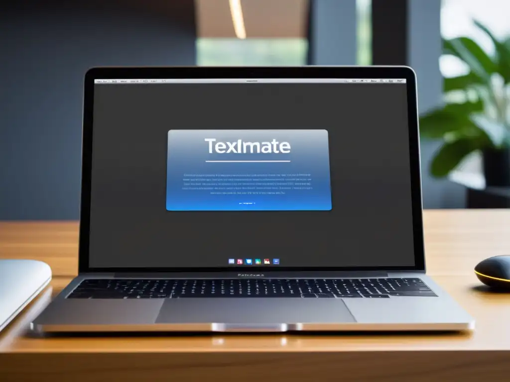 Un elegante MacBook plateado con el editor de texto TextMate MacOS abierto, en un espacio profesional y moderno