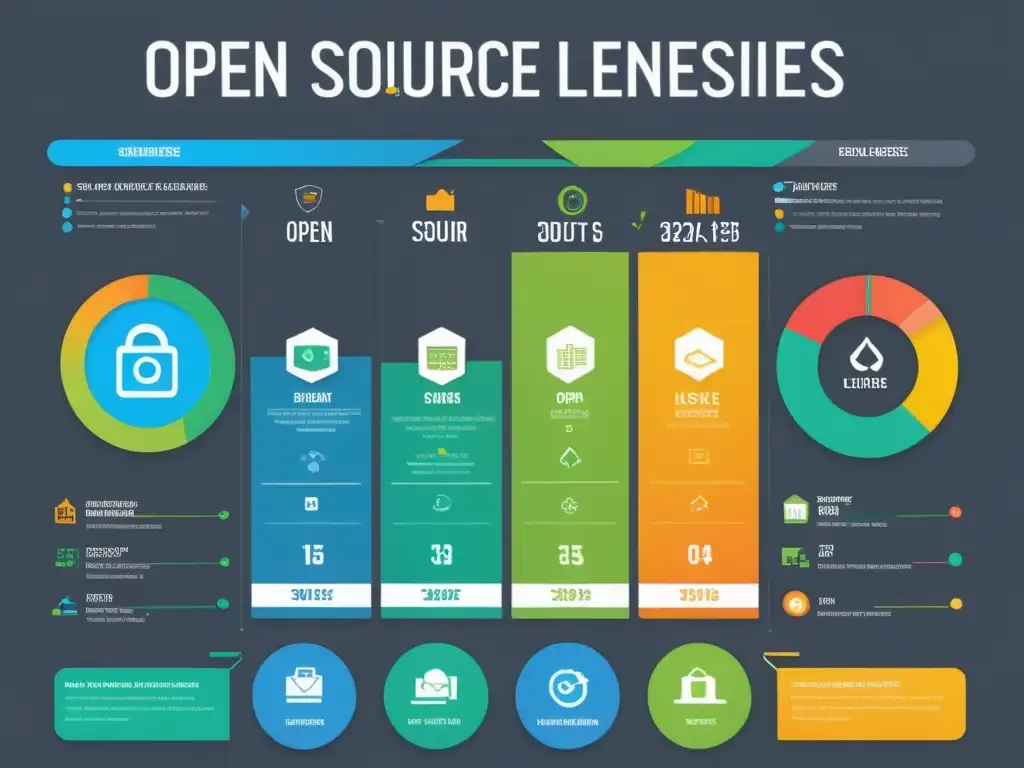 Infografía elegante y moderna que compara licencias open source en la industria con gráficos coloridos y datos visuales claros