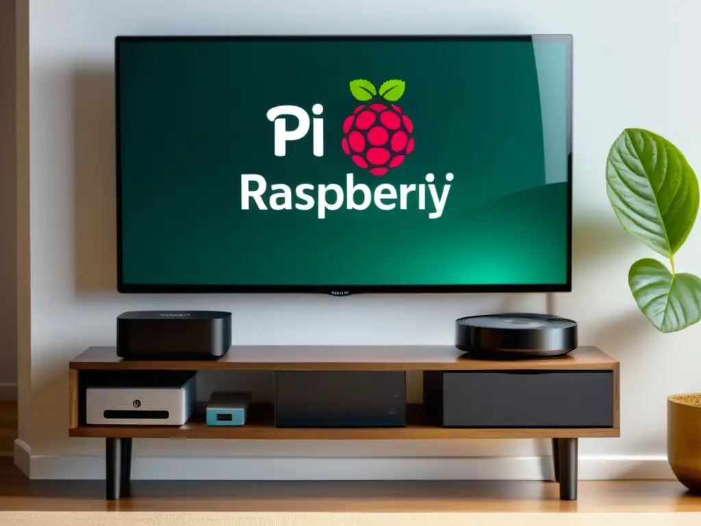 Un elegante y moderno centro multimedia con Raspberry Pi en una sala minimalista con tecnología sofisticada y confortable mobiliario