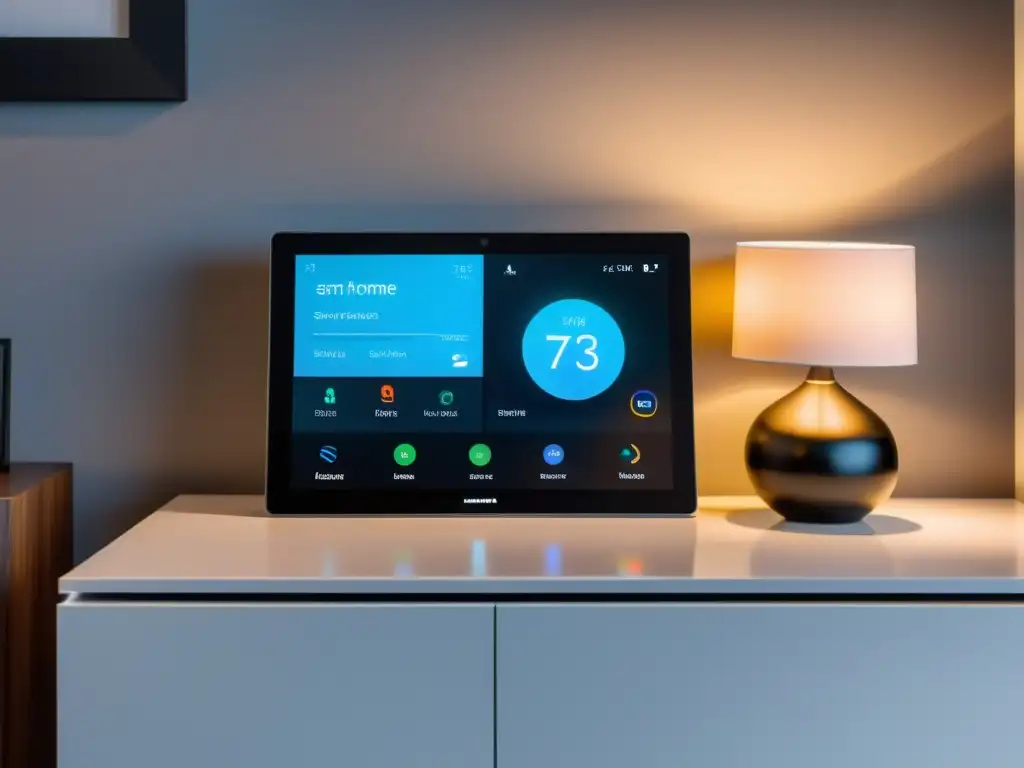 Un elegante y moderno hogar inteligente con el panel centralizado de Home Assistant en un gran panel táctil