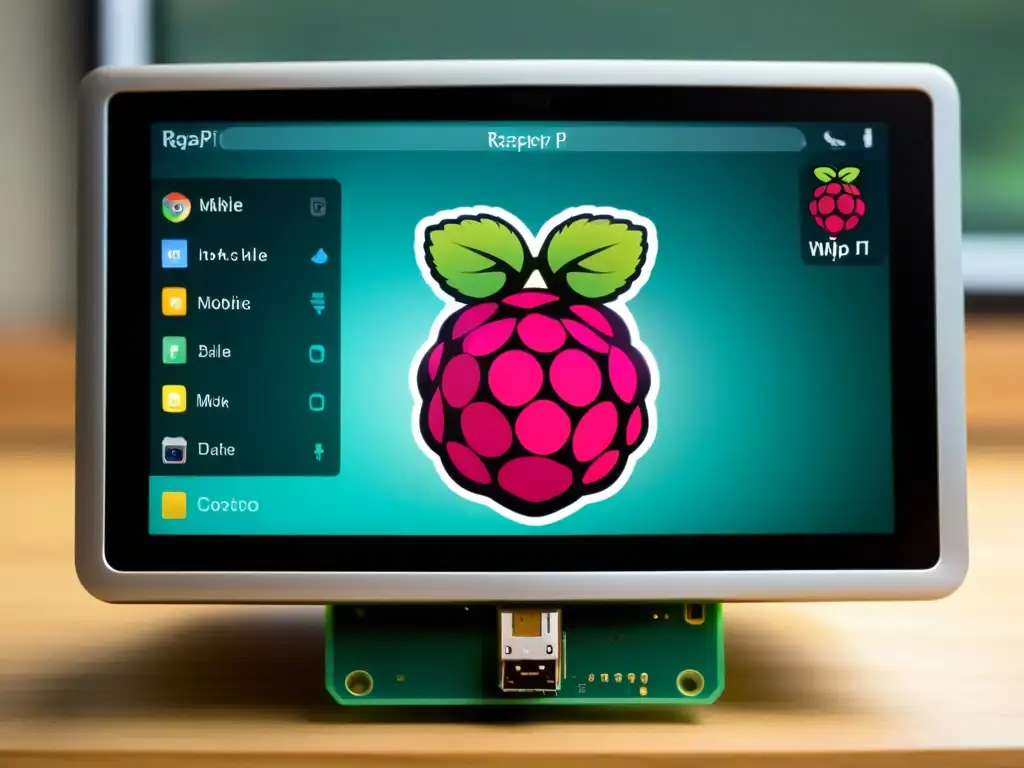 Un elegante y moderno setup de Raspberry Pi con la interfaz personalizada de Raspbian mobile en una pantalla táctil de alta resolución