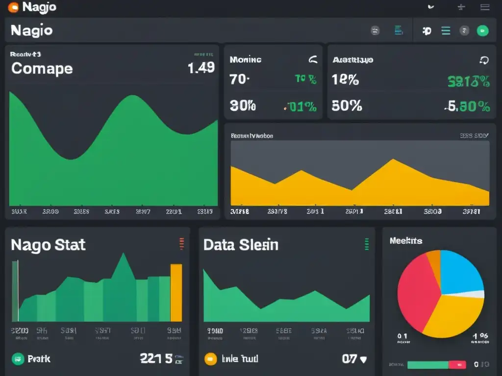 Tablero Nagios: Monitoreo en tiempo real de datos Un elegante panel de control de Nagios muestra datos en gráficos vibrantes y claros sobre fondo oscuro