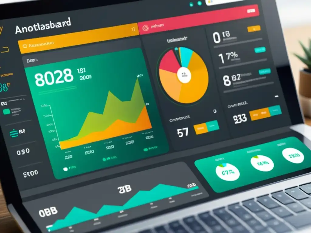 Un elegante panel de control de automatización de marketing B2B con software libre, mostrando gráficos coloridos y datos detallados