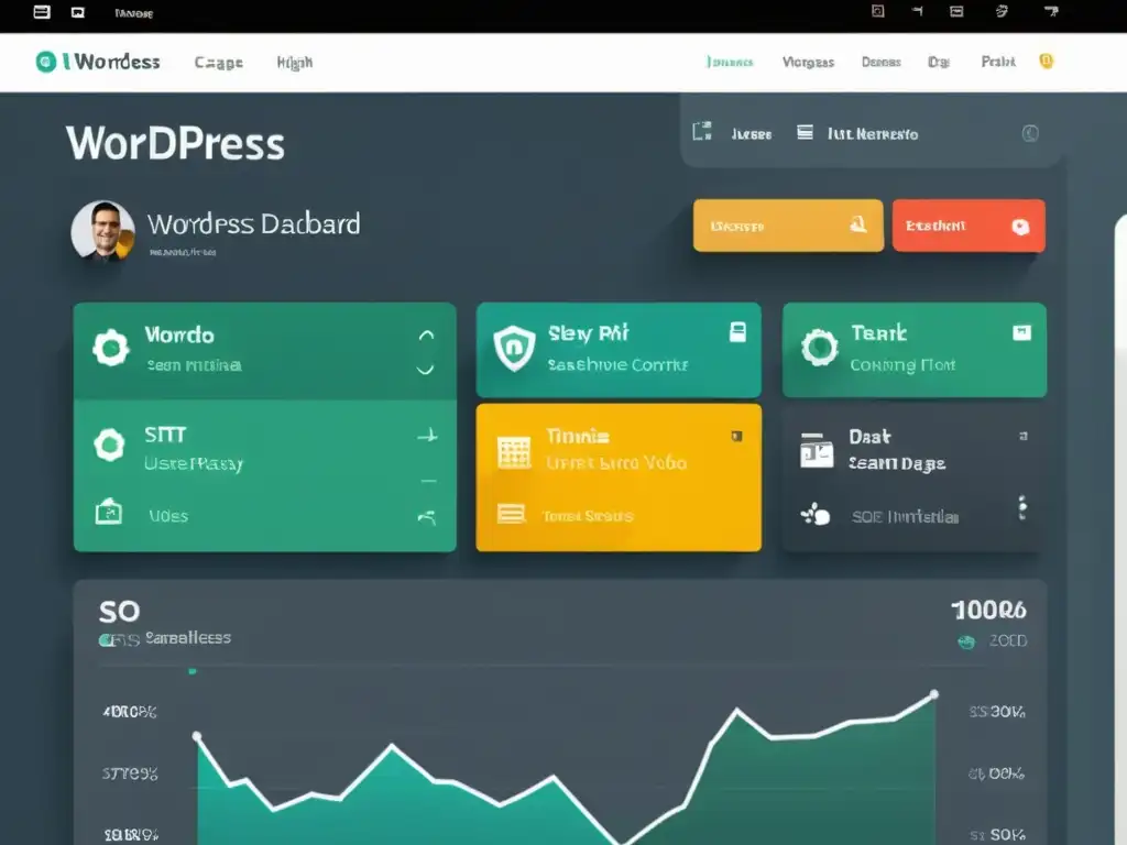 Un elegante panel de control de WordPress con contenido multimedia optimizado para SEO