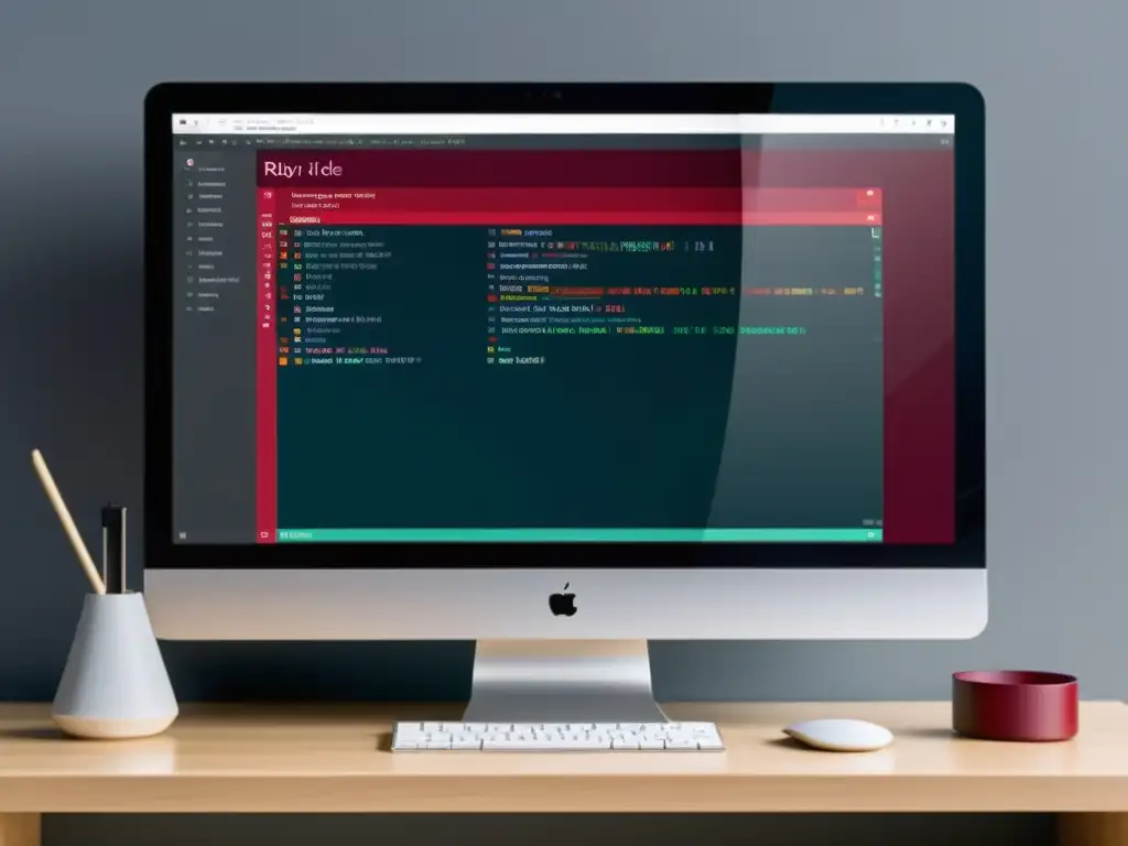 Una elegante pantalla de computadora muestra el IDE RubyMine con código en Ruby, en un espacio organizado y profesional