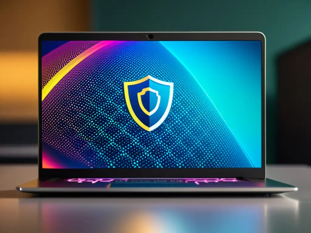 Un elegante portátil con un fondo de pantalla de ciberseguridad en un espacio minimalista
