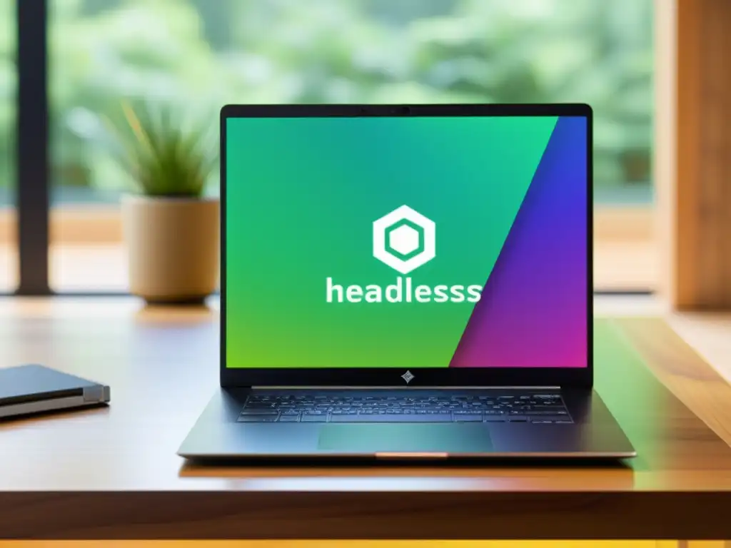 Un elegante portátil muestra una interfaz dinámica y profesional de un CMS headless, rodeado de herramientas de desarrollo de código abierto