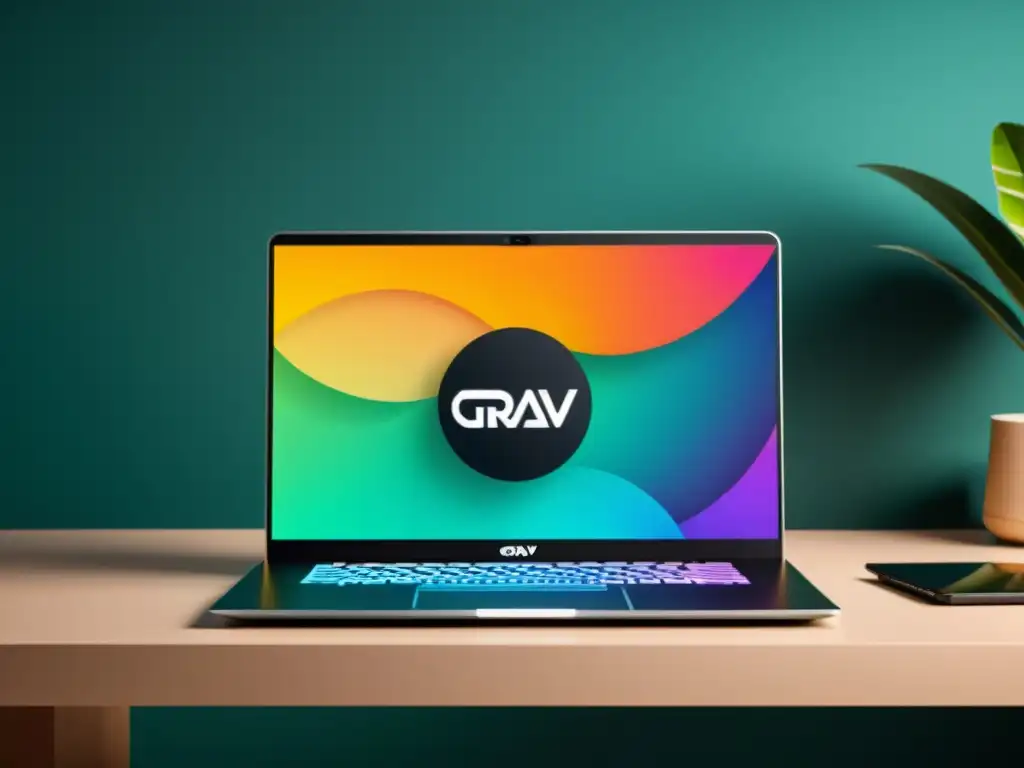 Un elegante portátil muestra la interfaz de usuario de Grav CMS, con gráficos vibrantes y diseño minimalista