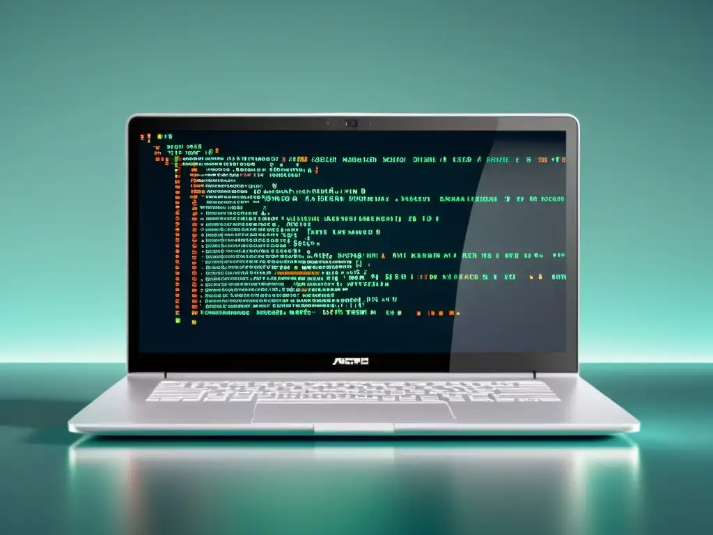 Un elegante portátil muestra líneas de código en una pantalla vibrante, reflejándose en su superficie