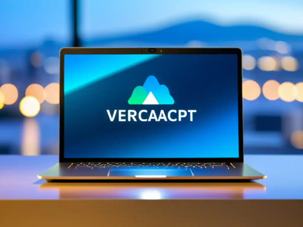 Un elegante portátil con el logo de VeraCrypt en pantalla, iluminando un espacio minimalista