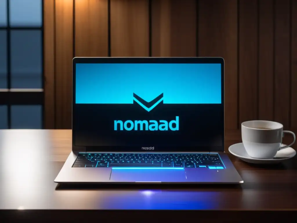 Un elegante portátil con el logotipo de NomadBSD en la pantalla, en un entorno profesional y organizado, con una taza de café humeante al lado