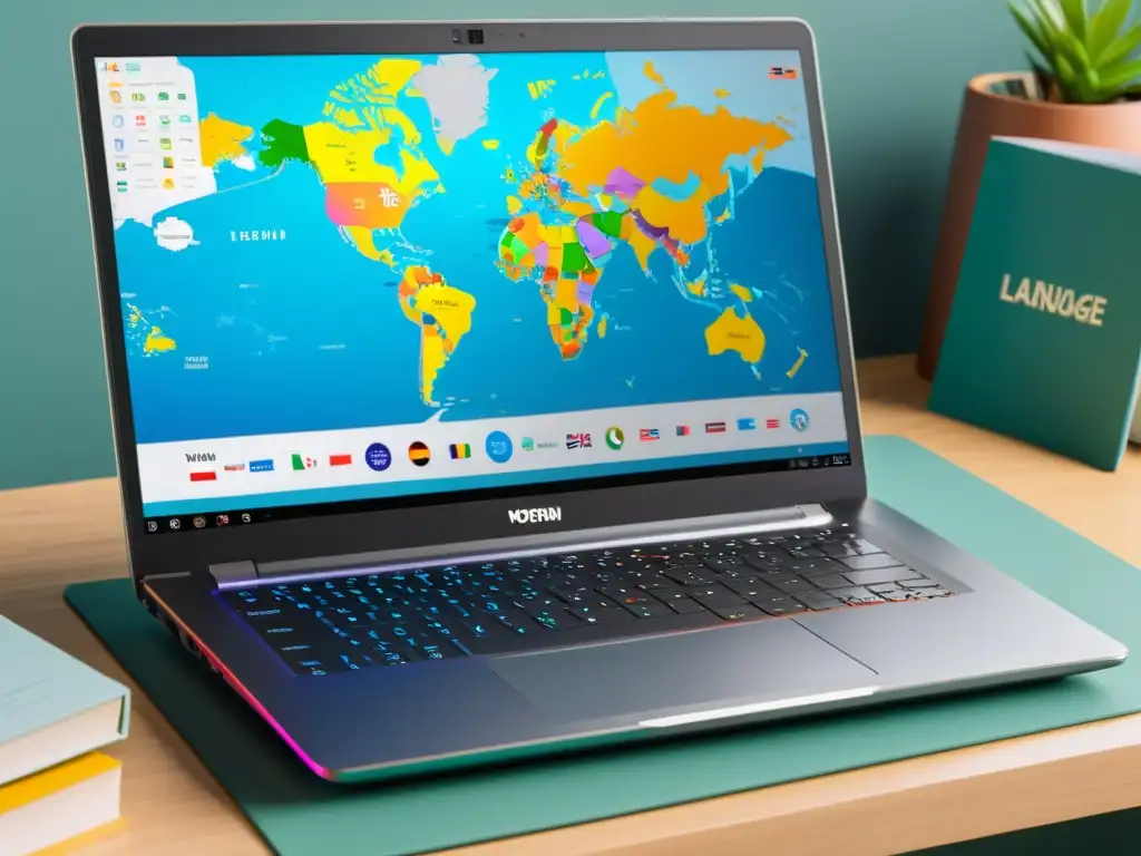 Un elegante portátil con teclado multilingüe y ajustes de idioma en pantalla