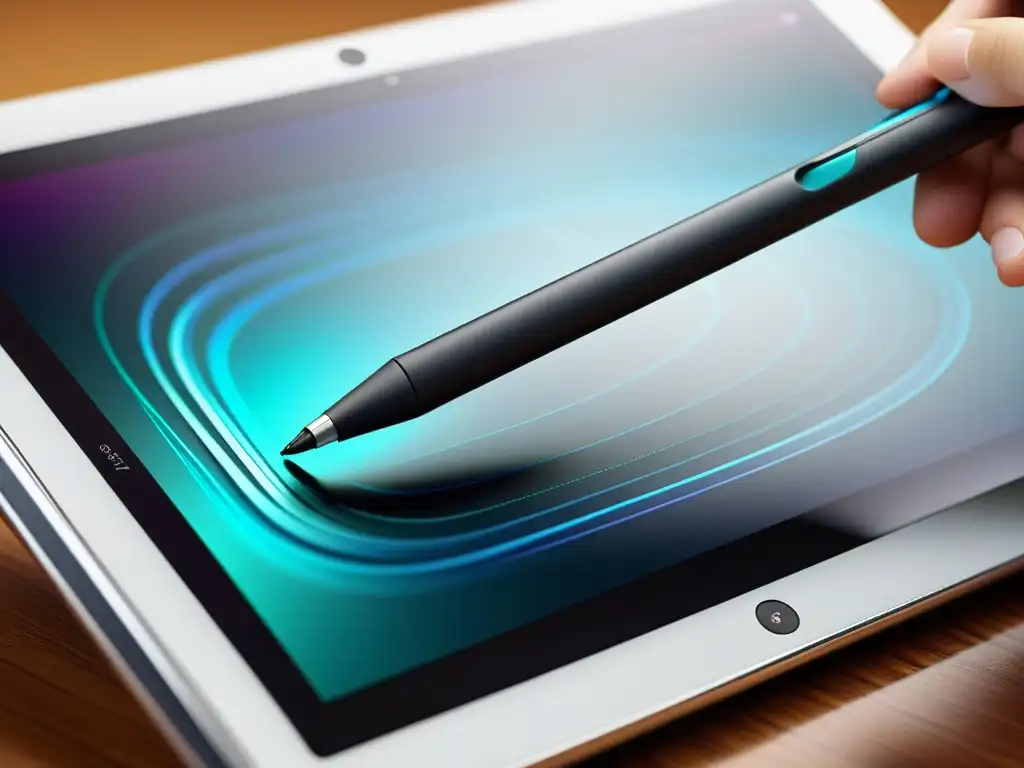 Un elegante y preciso stylus lenguaje hojas estilo web creando intrincados diseños con movimientos fluidos en una tablet digital de alta resolución